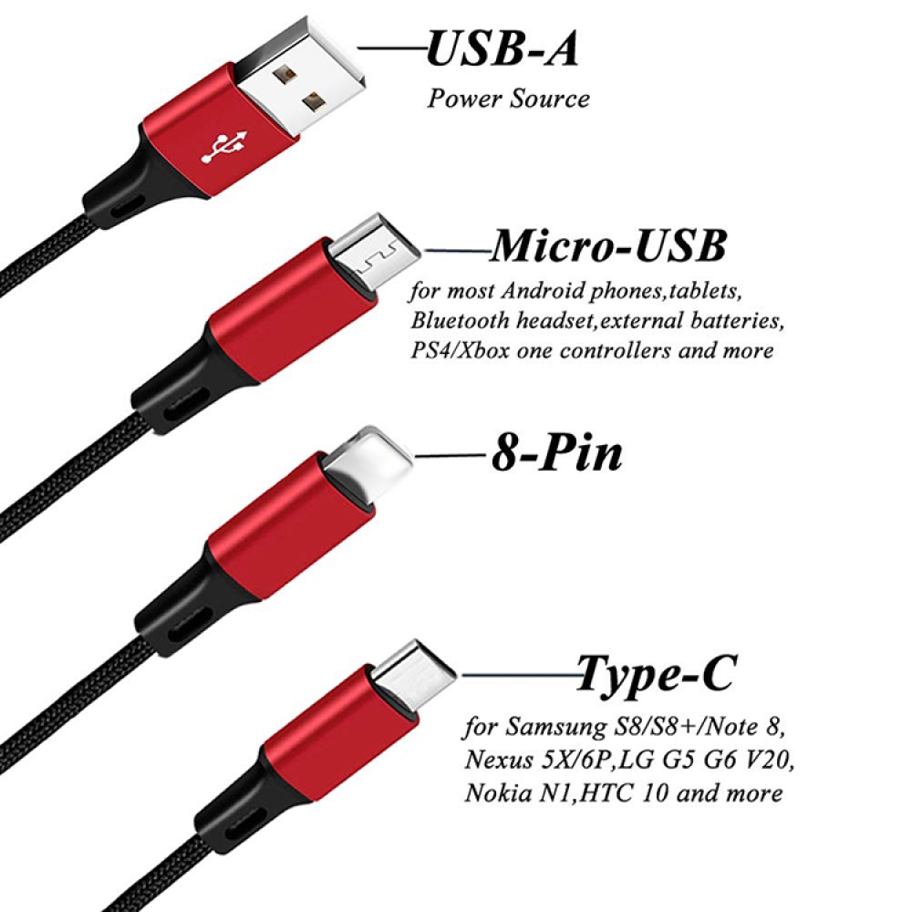 Nylon braided 3 in 1 usb charger cable