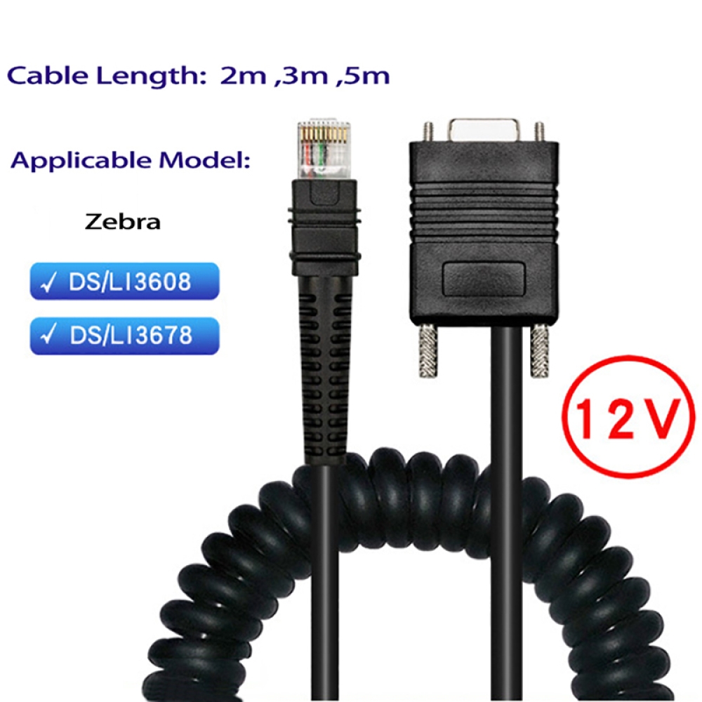 12V RS232 RJ45 Spiral barcode scanner cable for Zebra DS3608/DS3678/LI3608/LI3678 barcode scanner cable