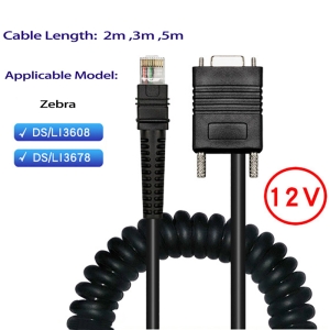 12V RS232 RJ45 Spiral barcode scanner cable for Zebra DS3608/DS3678/LI3608/LI3678 barcode scanner cable